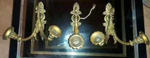 3 anciennes appliques 2 doubles + 1 simple en bronze floral XIX ème 19th - Imagen 1 de 9