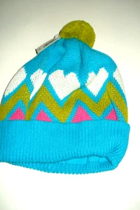 Girls Hat Knit Hearts with pom pom Aqua Old Navy Size  S/ M 12m-3T NWT - Picture 1 of 2