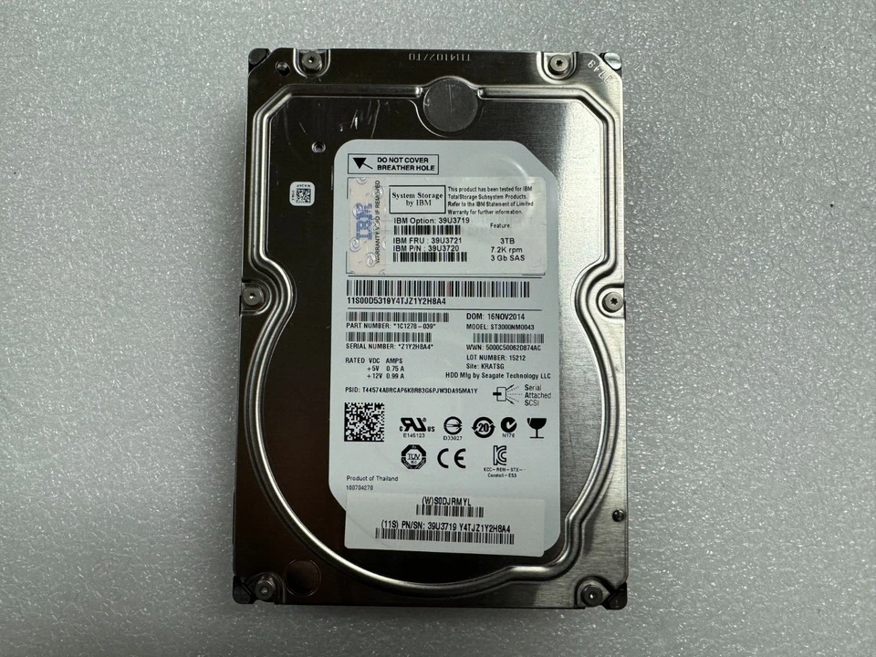 39U3720 IBM 3TB 7.2K SAS 6Gbps 3.5" Hard Drive 39U3721 ST3000NM0043 ***TESTED*** - Image 1 of 1