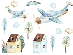 Wandtattoo Kinderzimmer Flugzeuge, Wandaufkleber Haus Wandsticker Set Baum Deko - Bild 1 von 5