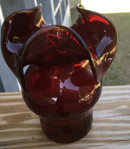 MID CENTURY MODERN RED VIKING LE SMITH ART GLASS VASE RAFFLED HAND BLOWN - Picture 1 of 6