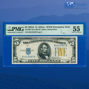 Fr.2307 1934A $5 Silver Certificate Yellow Seal "North Africa", PMG AU 55 #35897 - Picture 1 of 3