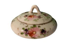 Vintage Powder Trinket Dish Lid Pink & Purple Roses 1” x 3” - Picture 1 of 9