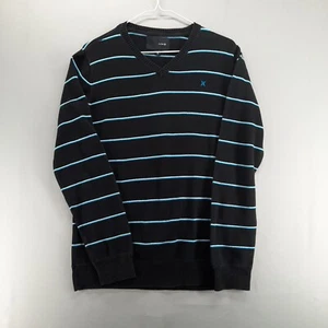 Hurley Sweater Mens S Black Blue White Stripe V-Neck Lightweight Cotton Pullover - Picture 1 of 10