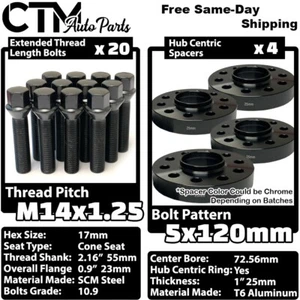 4x 25mm Thick 5x120 72.56mm CB Wheel Spacer Kit With Black Bolt 14x1.25 Fit BMW - Picture 1 of 8