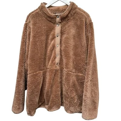Denim & Co. Fleece Pullover Plus Size 2X Brown Cozy Fuzzy Womens Sherpa Jacket T Foto 1 de 4