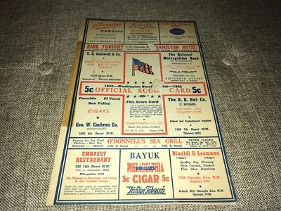 1942 Washington Senators vs. Cleveland Indians Baseball Scorecard - Image 1 of 4