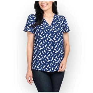 Hilary Radley Ladies V-Neck Blouse, Dark Blue (Deep Indigo/Off-White) 1133S - Picture 1 of 6