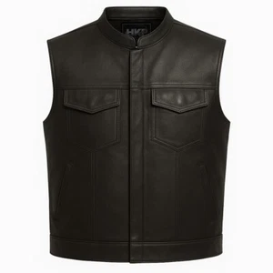 SOA Men's Motorcycle Vest Club Concealed Carry Pocket, Zipper Real Leather Vest - Picture 1 of 3