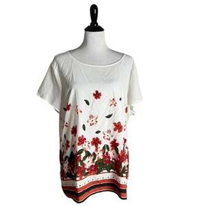 Ann Taylor Floral Print Top Women Size XL Red Short Sleeve Boxy Casual - Picture 1 of 13