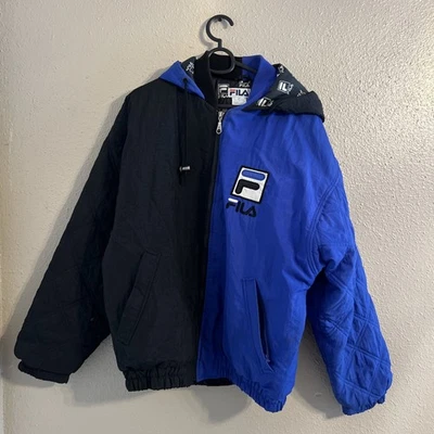 Vtg 90s FILA Mens Medium Spell Out Color Block Hooded Jacket Blue Black Puffy - Image 1 of 4