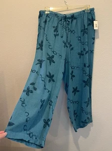 Hot Cotton Teal Linen Wide Leg Ankle Pants Subtle Tropical Print Size 2X NWT - Picture 1 of 8