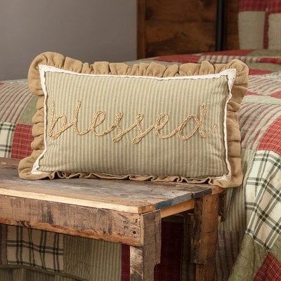 Farmhouse 14"x22" Blessed Pillow Green Appliqued Rope Bedroom Decor VHC Brands - Image 1 of 4