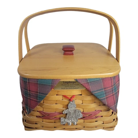 Longaberger Christmas "Deck The Halls" 2000 Basket Combo Green Red Lid Protector Cover