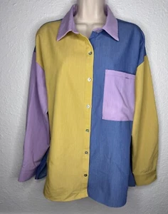 Oddi Multicolor Colorblock Button Down Long Sleeve Top Blouse Oversized Sz S - Picture 1 of 7