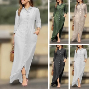 Plus Size Women's Casual Elegant Cotton Linen Kaftan Maxi A-line Shirt Dress - Picture 1 of 14