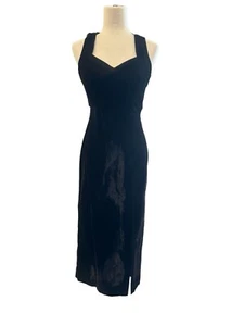 Abito vintage velluto maxi Halter festa piccolo nero spacco davanti anni 80 pinup retrò DIFETTO - Foto 1 di 8
