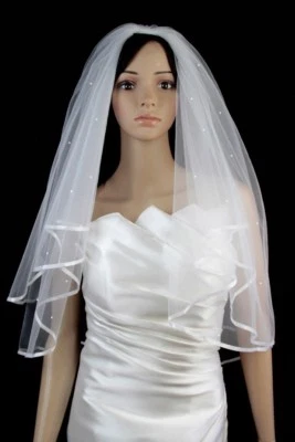 Velo de novia marfil 2 niveles longitud yema de dedo borde de cinta de satén estrás disperso Foto 1 de 4