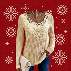 Womens XXL Plus size 18 Shirt Cable Contrest Lace Long Sleeve Round Neck - Picture 1 of 7