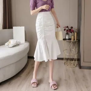 Lady Midi Skirt Fishtail Skirt High-waisted Drawstring Pleated Asymmetrical Sexy - Picture 1 of 14