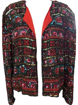 Vintage Papell Boutique Sequin  Beaded Jacket Silk Evening Cocktail Party 80s  - Image 1 of 4