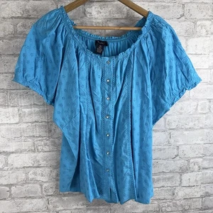 Denim & Company Size 3X Turquoise Blue Eyelet Pearl Snap Front Blouse Top - Picture 1 of 10