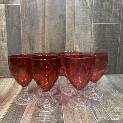 Vintage Ruby Red Wine Glasses Lot of 6 Hobnail Base Unbranded  - Image 1 of 4