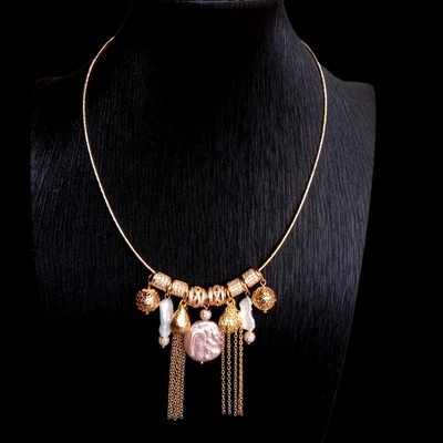 Collar Gargantilla Borla Dije Perla Biwa Moneda Púrpura Cultivada Hecho a Mano Foto 1 de 4