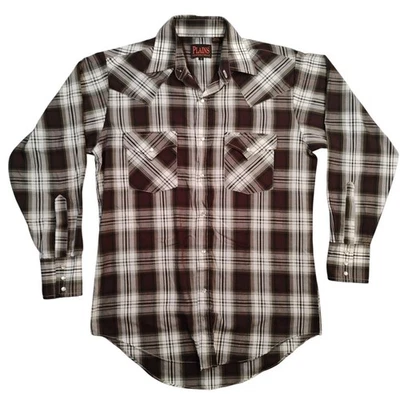 Camisa Plains Western Wear Para Hombres Pequeña Marrón Blanca A Cuadros Perla A Presión Vaquero Rodeo Foto 1 de 4