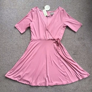 BNWT Lindy Bop plain pink short sleeve wrap style dress UK 14 - Picture 1 of 8