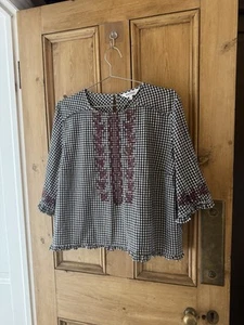 Brora Gingham Blouse Size 18 Blue Checked Embroidered - Picture 1 of 13