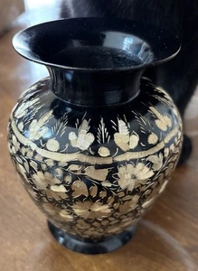 Vintage Brass and Black 6" vase urn etched solid floral pattern - Picture 1 of 12