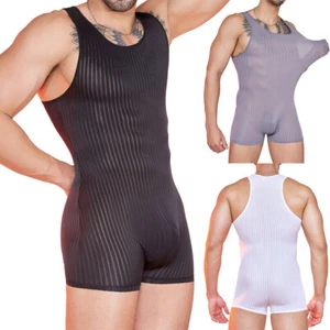 Striped Elastic Men's Sheer Bodysuits Wrestling Singlet Jumpsuits Sport Leotards - Picture 1 of 44