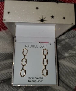 RACHEL ZOE LA NY Gold Plated Sterling Silver & CZ Chainlink Drop Stud Earrings - Picture 1 of 5