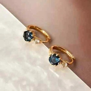 3Ct RoundCut Lab Created Blue Topaz Huggie Hoop Earrings 14K Yellow Gold Plated - Picture 1 of 4