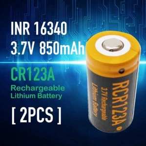2x Tpower 850mAh RCR123a 3.7V Lithium Rechargeable 16340 Nipple Top Battery - Picture 1 of 5