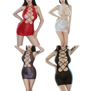 Womens See-through Crisscross Lace-up Dress Hollowed Bodycon Dress with G-string - Picture 1 of 47