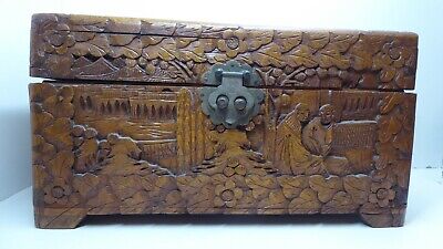 Old Chinese Cantonese Carved Timber Jewellery Box , Cigar Box , Tea Chest Casket • 101.99$