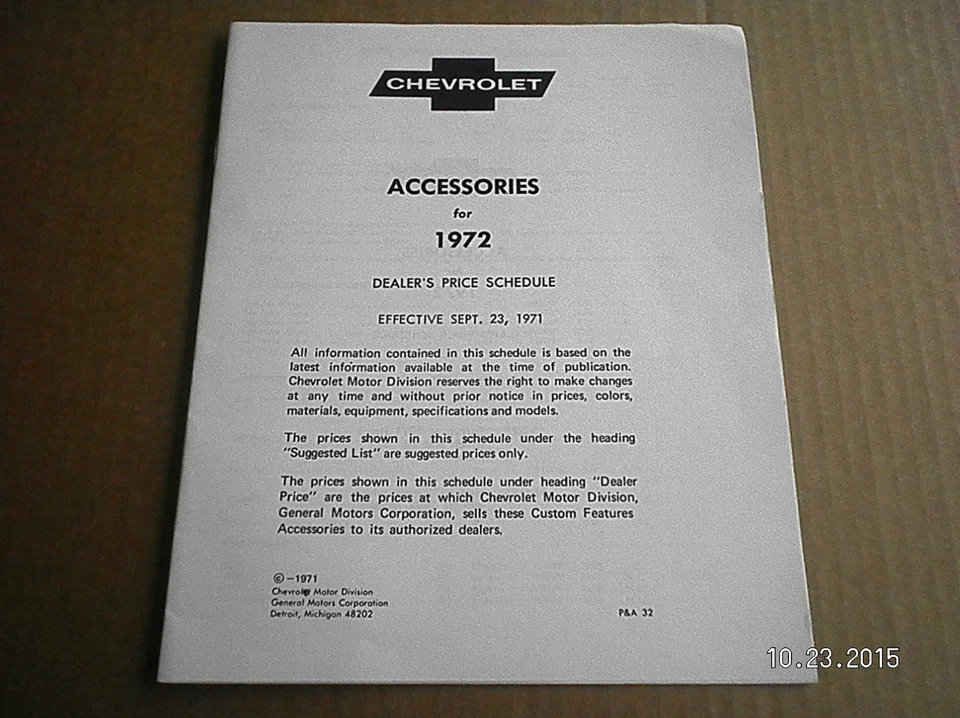 Chevrolet Accessories 1972 concesionarios calendario de precios... Impala, Camaro, (copia) Foto 1 de 1