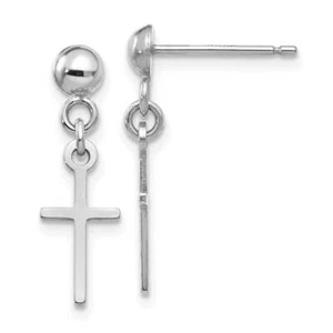 14k White Gold Polished Cross Dangle Post Earrings 0.81" - Picture 1 of 2