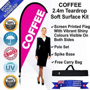 COFFEE Pink 2.4m Teardrop Flag/Banner Kit with Spike *Advertising *Eye Catching - Picture 1 of 10