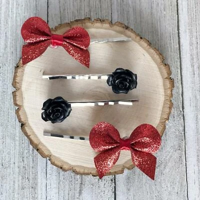 Black Rose and Red Bows Hair Pin Set - Image 1 of 2