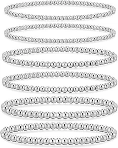 14K White Gold Plated Beaded Bracelets Stretch Bead Ball stack Set Adjustable - Picture 1 of 5
