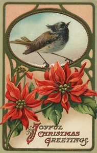 Vogel stehend auf Weihnachtsstern und Schnee Weihnachten Postkarte - Bild 1 von 2