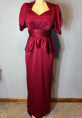 Vintage 70s Dress Size XS Burgundy Empire Gathered Ruffle Gilded Age Holiday  - Image 1 of 4