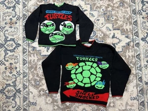 Lot Of 2 - Youth’s VTG 90s TMNT Ninja Turtles Knitted Sweater Black Green Red - Picture 1 of 23