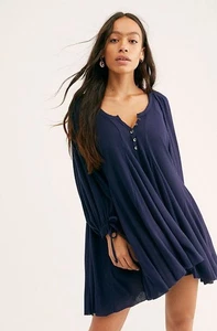 Free People Tunika Damen XS blau Winter Sonne Oberteil Rippstrick Knopf Bischof Ärmel - Bild 1 von 11