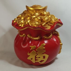 Enorme Lingote de Resina Suerte Riqueza Prosperidad Gran Banco de Dinero Bolsa Roja de Oro 15" - Imagen 1 de 9