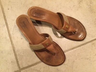 Eric Javits NY Gold Woven Tan Leather Logo Kitten Heel Dress Sandal Women Sz 10 - Image 1 of 4