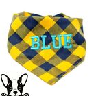 Personalised Embroidered Dog Bandana Blue & Yellow check Tie on Large Dog